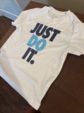 Nike White Short-Sleeve 'Just Do It.' Tee with Navy and Light Blue